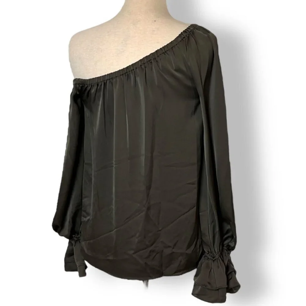 Ramy Brook Off One Shoulder Murphy Top Blouse Satin Ruffle Cuff Olive Sz XS